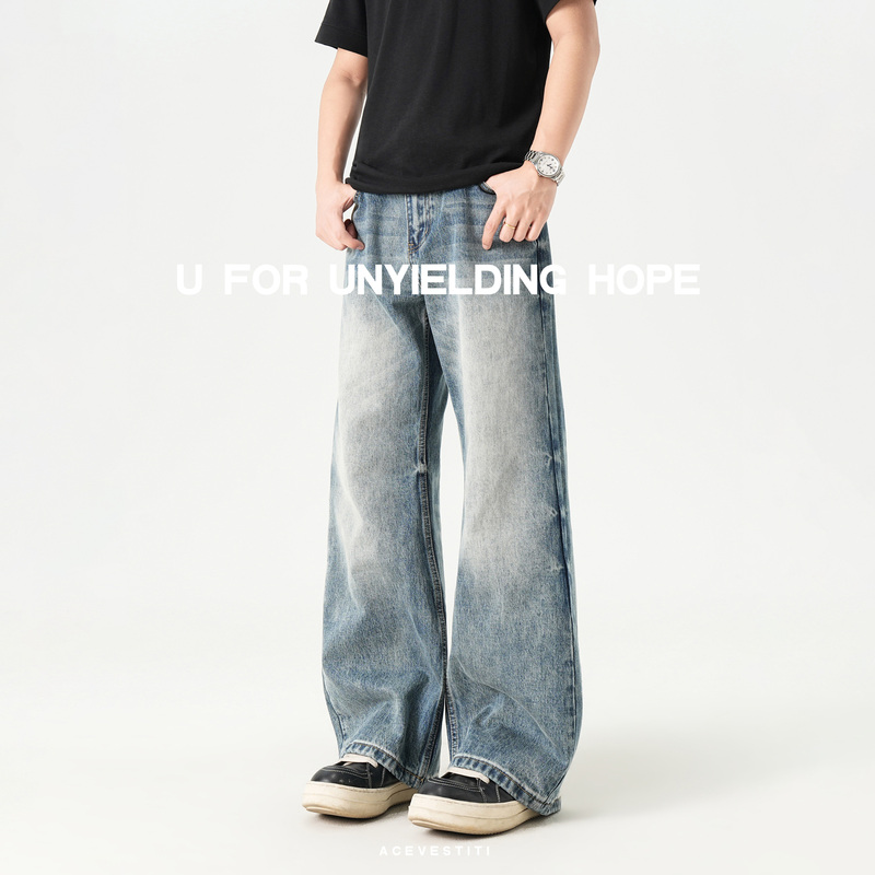 Ace Vestiti【Ykk Zipper】Nostalgic Retro Gradient Washed Wide-Leg Men's Loose Trousers Jeans
