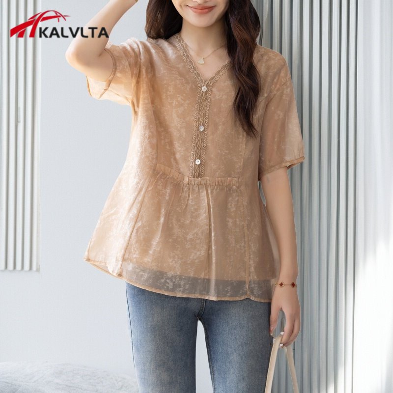 Kalvlta French-Style Elegant Mesh Patchwork V-Neck Chiffon Shirt for Women, Short-Sleeved, Loose-Fitting, Slimming, Tummy-Concealing Lace Top