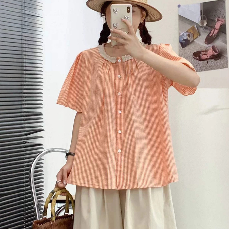 8509 Retro Plaid Lace Short-Sleeved Shirt for Women, Summer Design, Loose Cotton Top, Round Neck, Age-Reducing