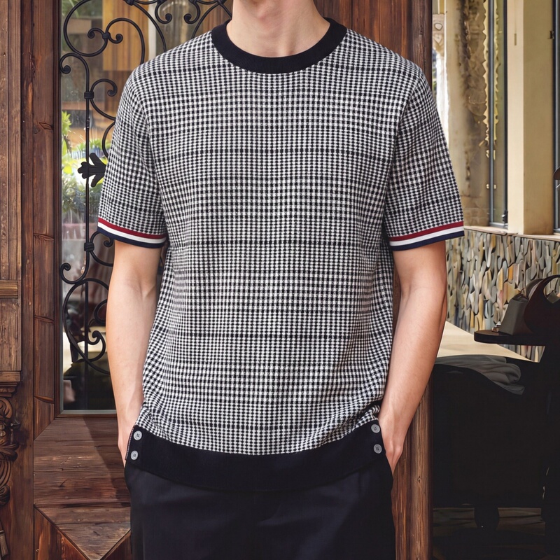 Men's 2026 New Luxury Fashion Brand Houndstooth Color-Block Striped Cuff Knit Sweater Thin Short-Sleeve T-Shirt Versatile Men's 2026 New Luxury Fashion Brand Houndstooth Color-Block Striped Cuff Knit Sweater Thin Short-Sleeve T-Shirt Versatile