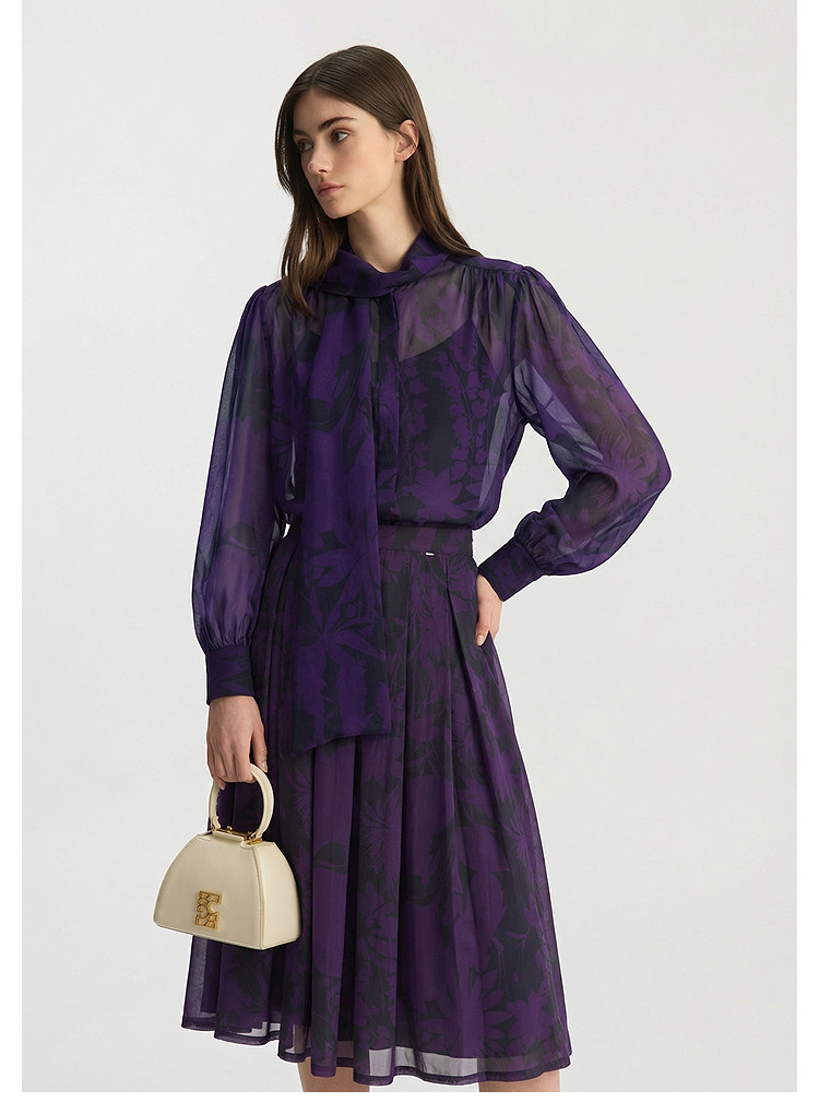 Блогер в этом же моделье Bcbg элегантный Шикарный цветы печать лента воротник темперамент длинный рукав фиолетовый рубашка куртка женщина 