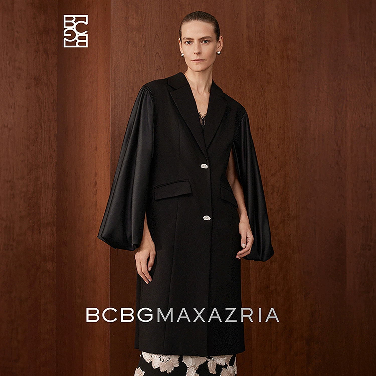 BCBG spring and autumn messy texture drape stitching satin lantern sleeves personalized suit collar commuter windbreaker jacket for women