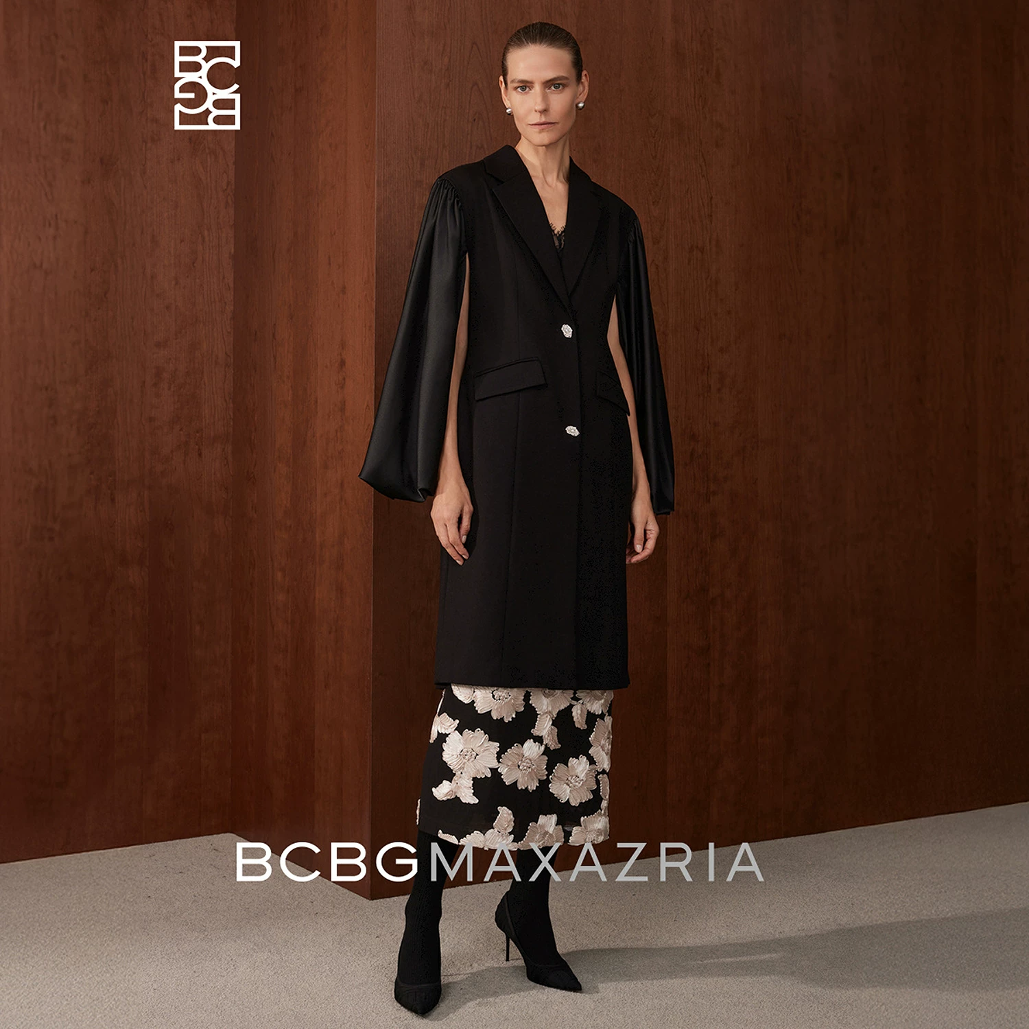 BCBG spring and autumn messy texture drape stitching satin lantern sleeves personalized suit collar commuter windbreaker jacket for women