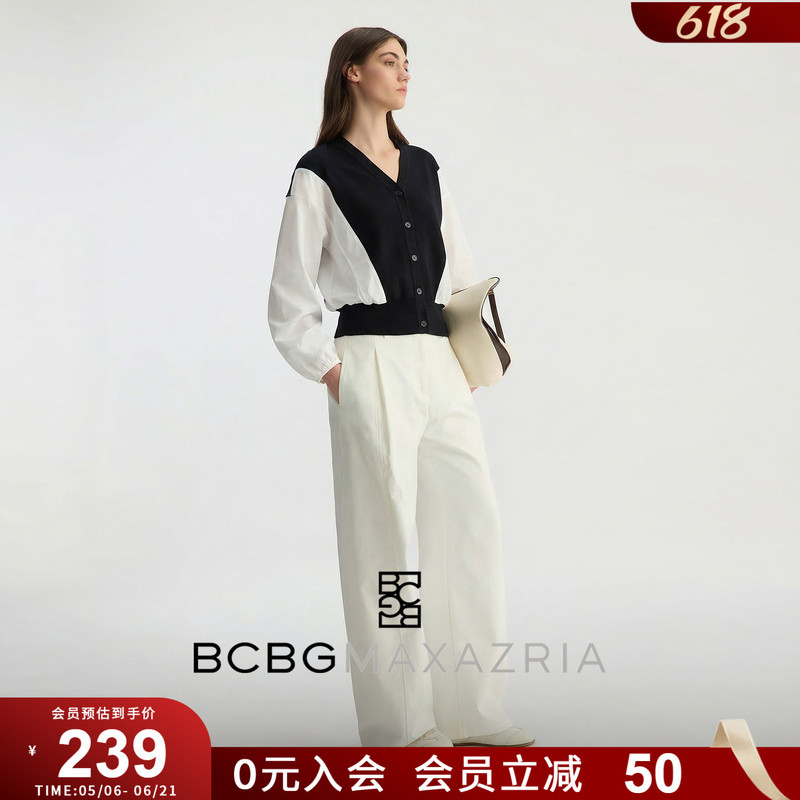 Bcbg Spring and Autumn New Fashion Loose Black and White Color Block Design Knitted Sweater with V-Neck and Faux Two-Piece Design Bcbg Spring and Autumn New Fashion Loose Black and White Color Block Design Knitted Sweater with V-Neck and Faux Two-Piece Design