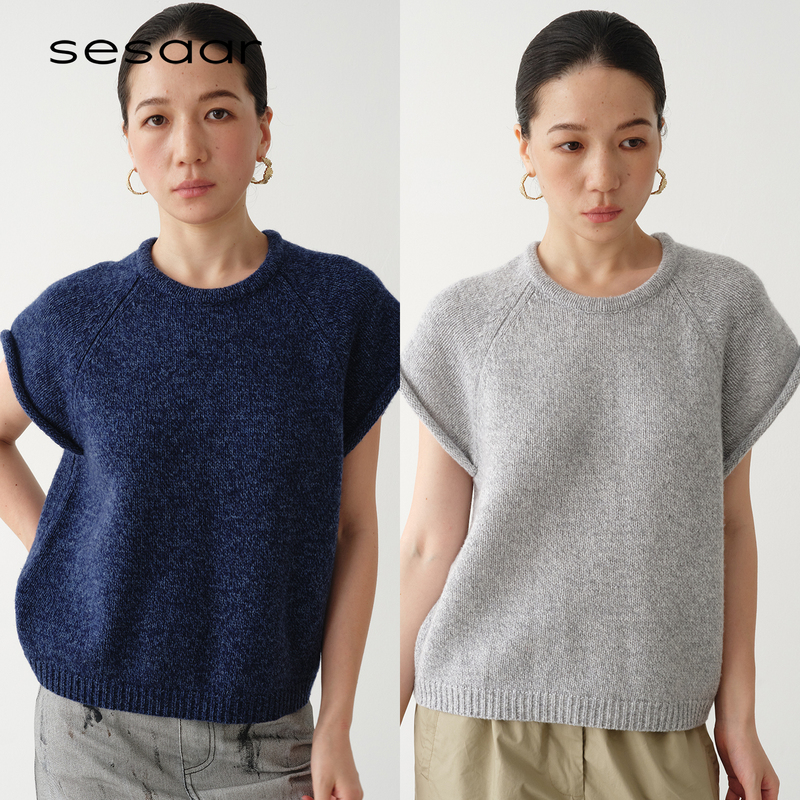 Sesaar Kavi Knitted Short Sleeve Eco-Friendly Wool Blend Cuffed Raglan Sleeve Layered Spring/Summer Sesaar Kavi Knitted Short Sleeve Eco-Friendly Wool Blend Cuffed Raglan Sleeve Layered Spring/Summer
