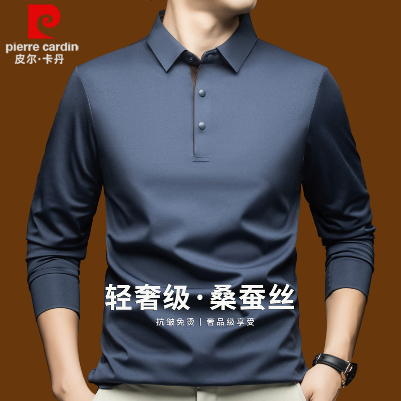 Pierre Cardin High-End Mulberry Silk Long-Sleeved T-Shirt for Men, Spring New Solid Color Lapel Casual No-Iron Polo Shirt