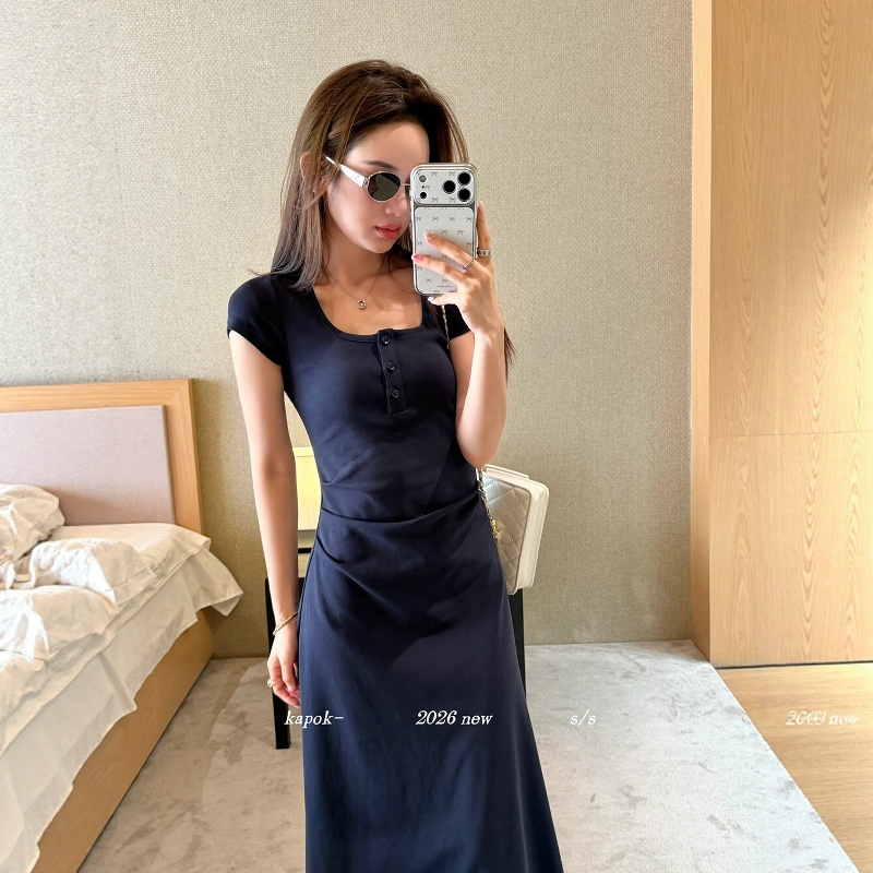 Kapok2026 Summer New Korean Style Cinched Waist Button U-Neck Casual Dress for Women Versatile Waist-Cinching Slimming Long Dress Kapok2026 Summer New Korean Style Cinched Waist Button U-Neck Casual Dress for Women Versatile Waist-Cinching Slimming Long Dress