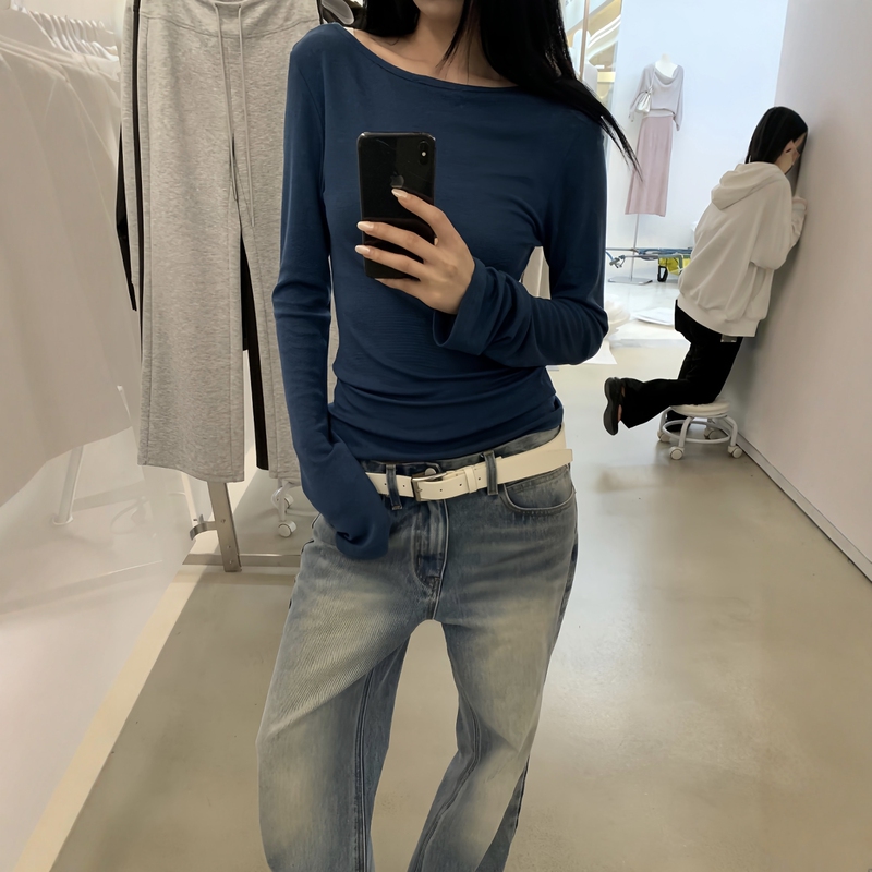 Saidtome Genuine/2026 Autumn Lyocell Peacock Blue Lace-Up Long-Sleeve T-Shirt for Women, Versatile and Slimming Base Shirt
