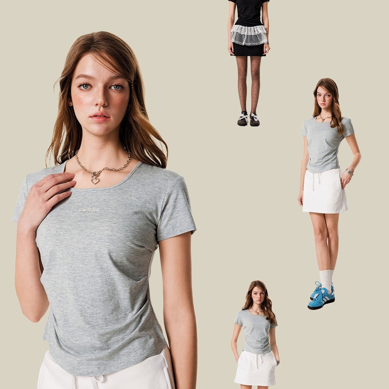 Lutta Summer Miu Style Outfit with Square Neck, Fitted Waist, and 3D Printed Slim-Fit Short-Sleeve T-Shirt