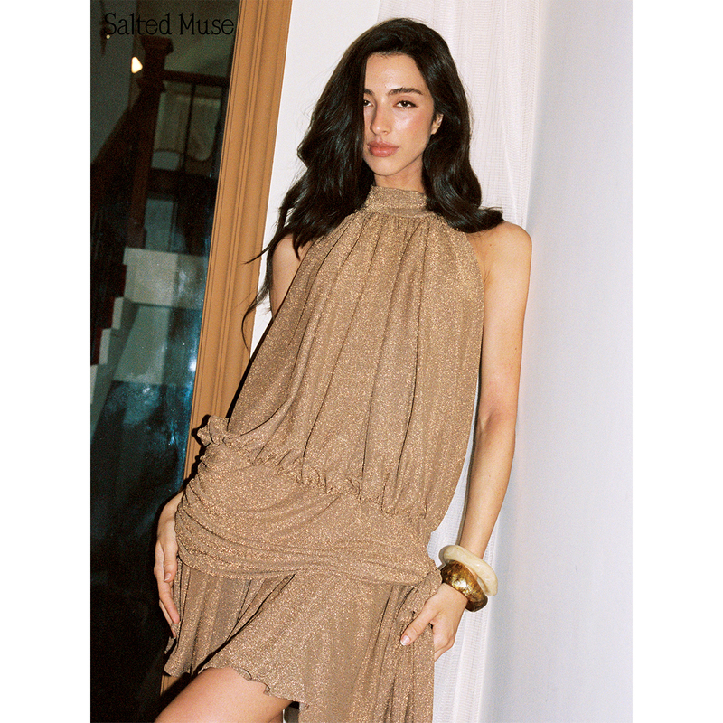 Saltedmuse French Halter Neck Ruched Sleeveless Short Dress the Mireille