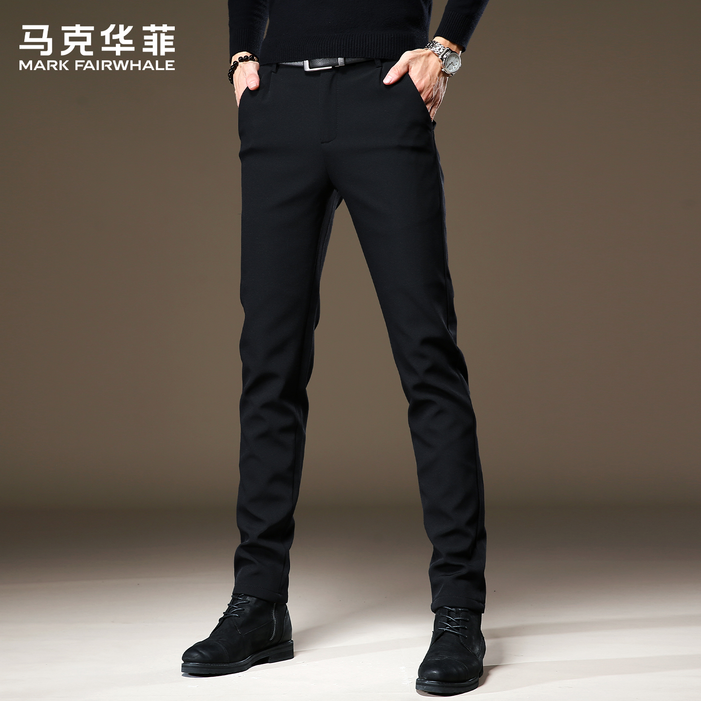 マークフェアホエール アイスシルク カジュアル ブラック ビジネススーツパンツ メンズ 2025年新作 夏 薄手 スリムフィット ストレッチパンツ