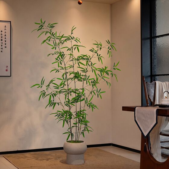 Bamboo Tree Trunk Simulation Artificial Green Plant Large Floor-Standing Potted Plant Song Dynasty Aesthetics Soft Decoration Zen Style Chinese Tea Room Decoration