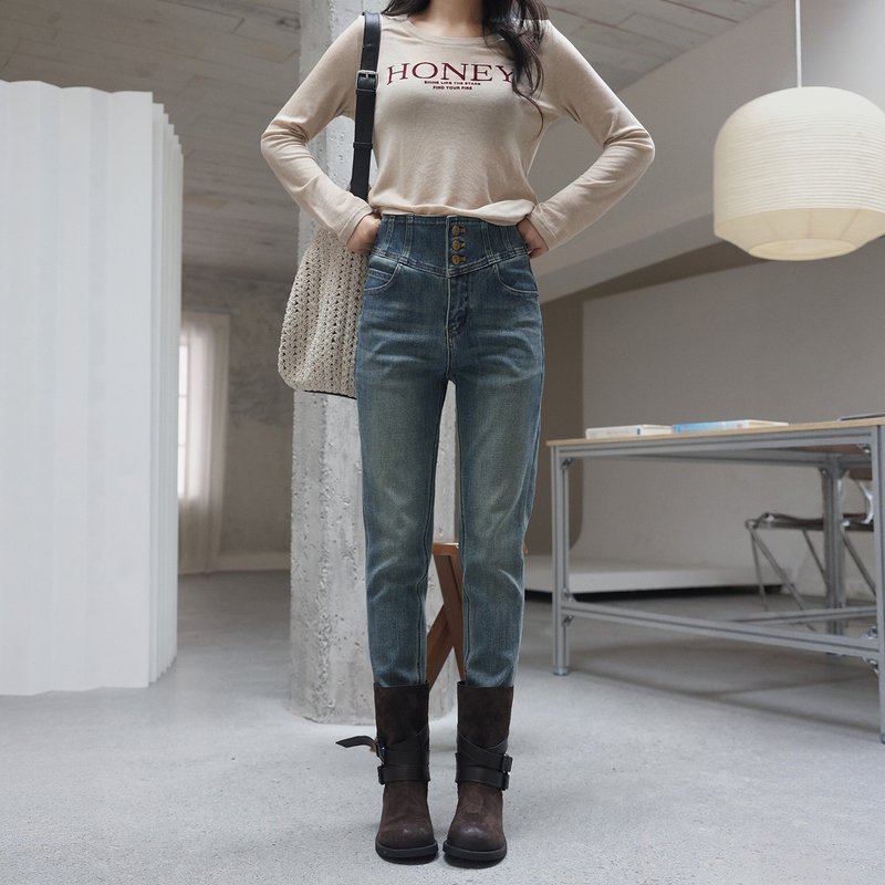 Me Lao Yang's Clothing [Vest-Line Slim-Fit Pants] High-Stretch Denim Cotton Eco-Friendly Bias-Cut Casual Slimming Jeans