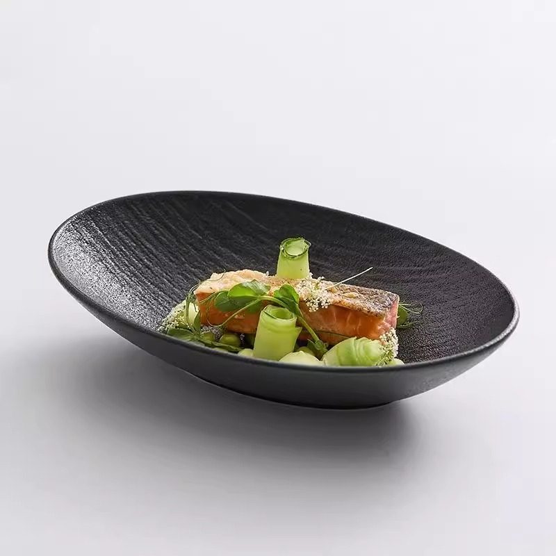 Stone-Patterned Oval Ceramic Western-Style Dinner Plate, Salad Plate, Hotel High-End Tableware, Deep Plate, Soup Plate, Presentation Plate, Commercial Use