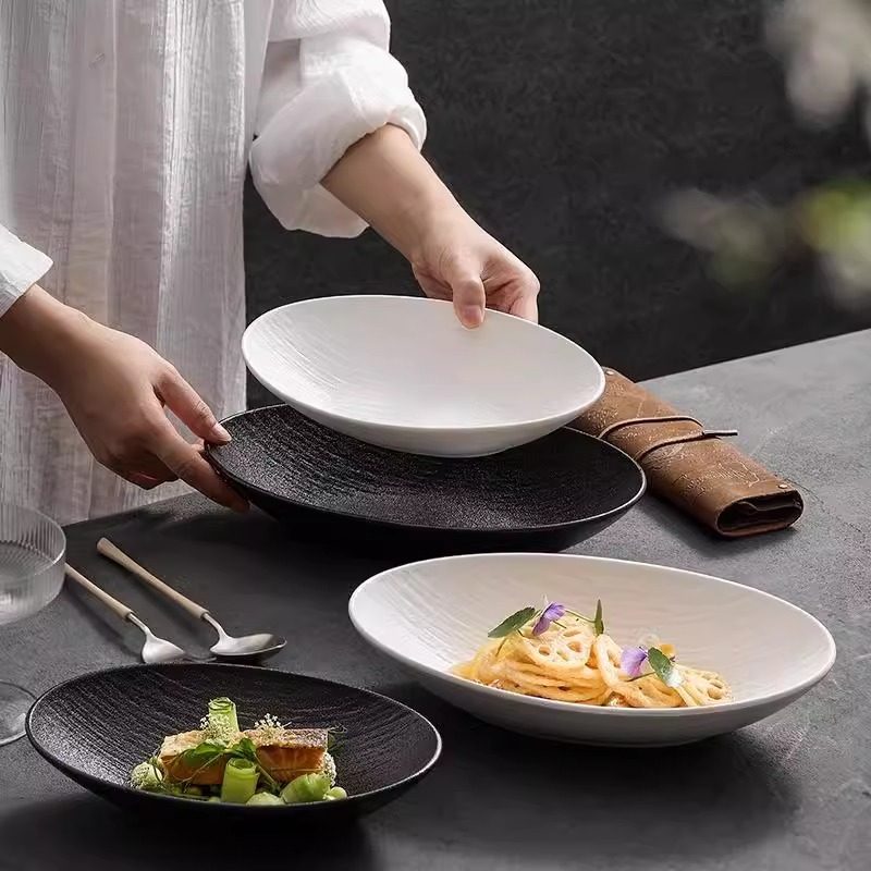 Stone-Patterned Oval Ceramic Western-Style Dinner Plate, Salad Plate, Hotel High-End Tableware, Deep Plate, Soup Plate, Presentation Plate, Commercial Use