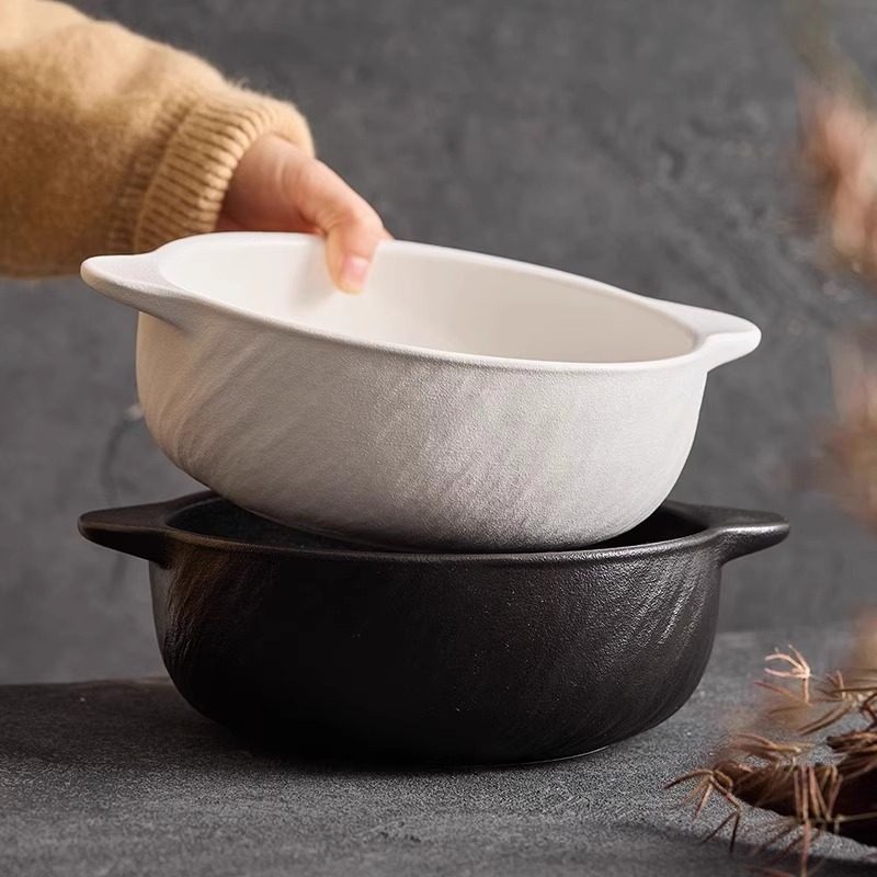 2025 New Double-Handle Soup Bowl, Household Ceramic Instant Noodle Bowl, Large Capacity, Anti-Scalding, Large Bowl with a High-End Feel, Fruit Salad Bowl