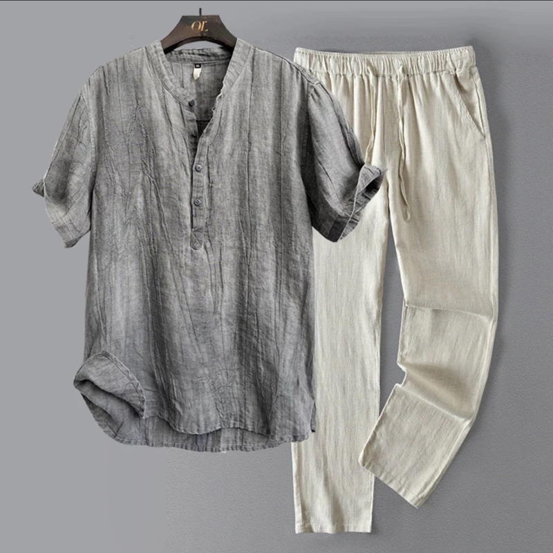 Chinese Style Linen Pajamas for Men, Summer Loose Short-Sleeved Long Pants Set, Men's Chinese-Style Cotton and Linen Home Wear