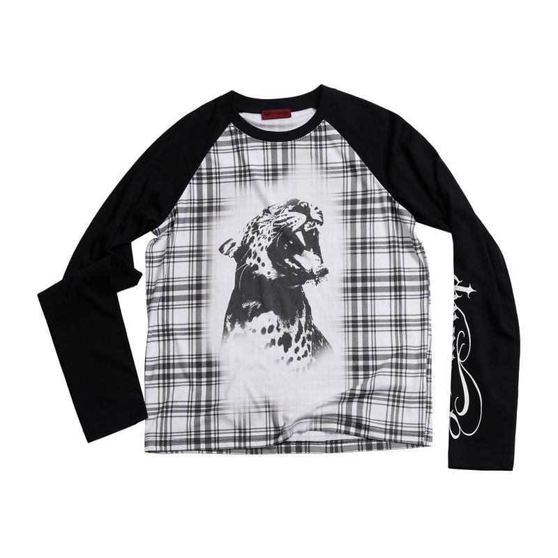 Yemanup* Retro Black and White Contrast Plaid Black Panther Crackle Print Round Neck Loose Long-Sleeved T-Shirt Yemanup* Retro Black and White Contrast Plaid Black Panther Crackle Print Round Neck Loose Long-Sleeved T-Shirt