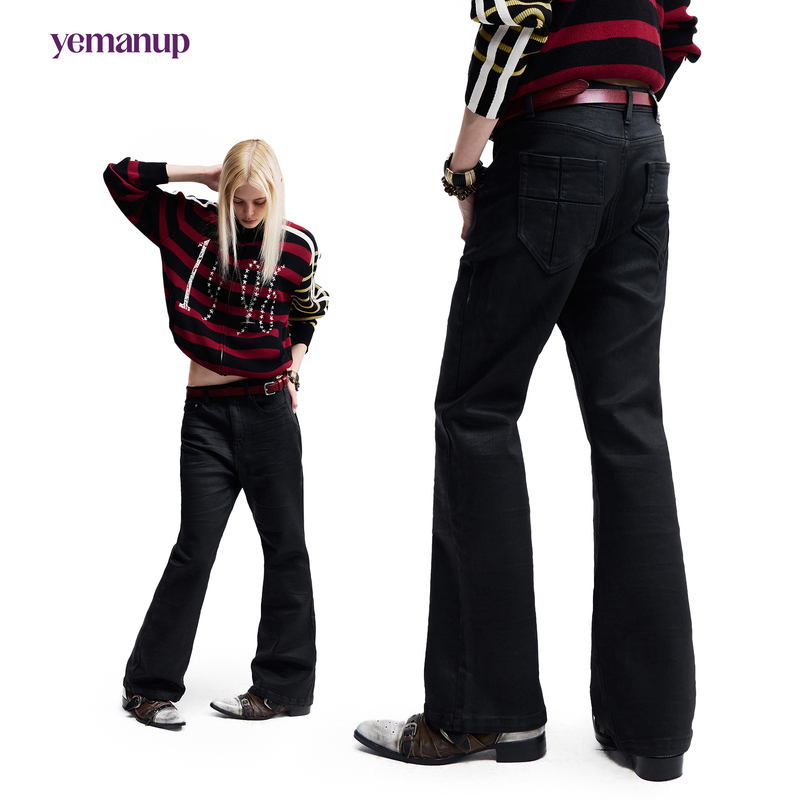 Yemanup* "Trainspotting" Black Distressed Waxed Jeans, Slightly Flared Skinny Fit Washed Long Pants Yemanup* "Trainspotting" Black Distressed Waxed Jeans, Slightly Flared Skinny Fit Washed Long Pants