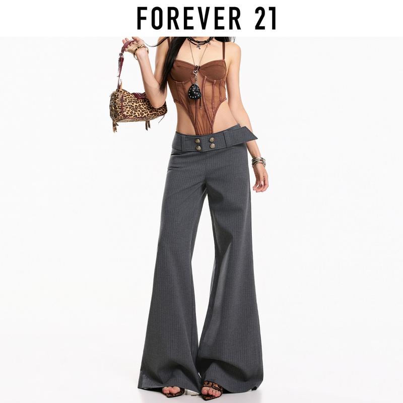 Forever 21 Gray Striped Flared Suit Pants for Women 2026 Summer American Style High-Waisted Slimming Bootcut Pants