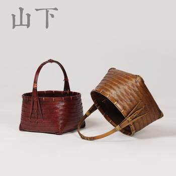 Anji bamboo weaving basket retro handle food box japanese tea set tea utensil storage basket storage basket bamboo basket tea box bag