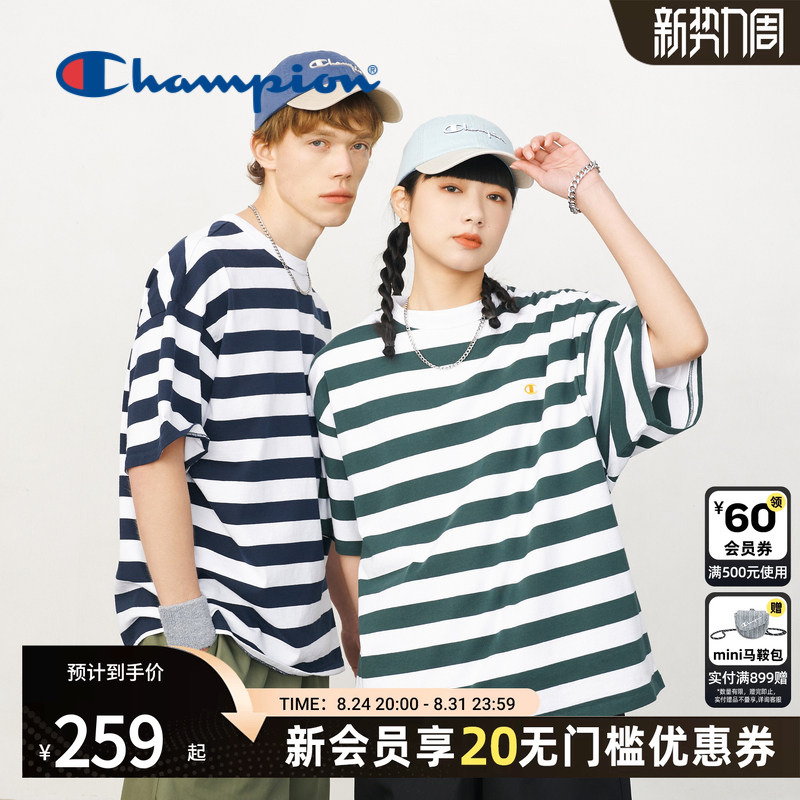 Champion Short-Sleeved T-Shirt Cotton Trendy Brand Striped Couple Loose Top Men's Half-Sleeve Women's Sports Casual