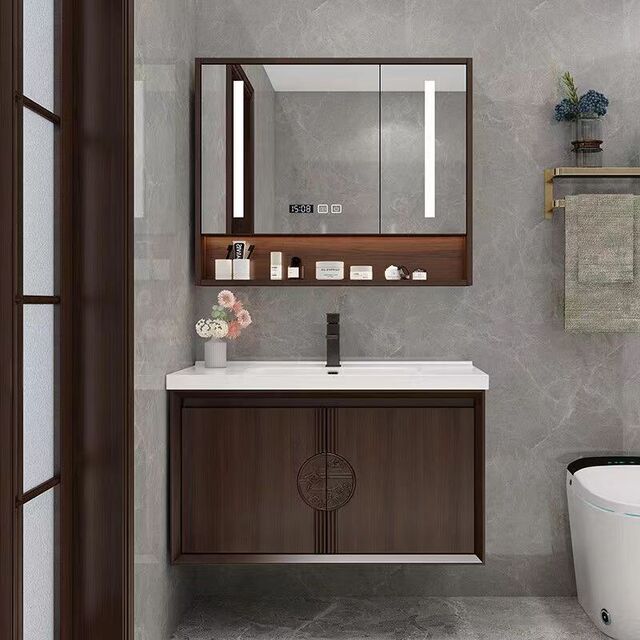 Popular Oak Minimalist Modern Smart Bathroom Cabinet and Mirror Set, Lacquered Solid Wood New Chinese Style Bathroom Vanity