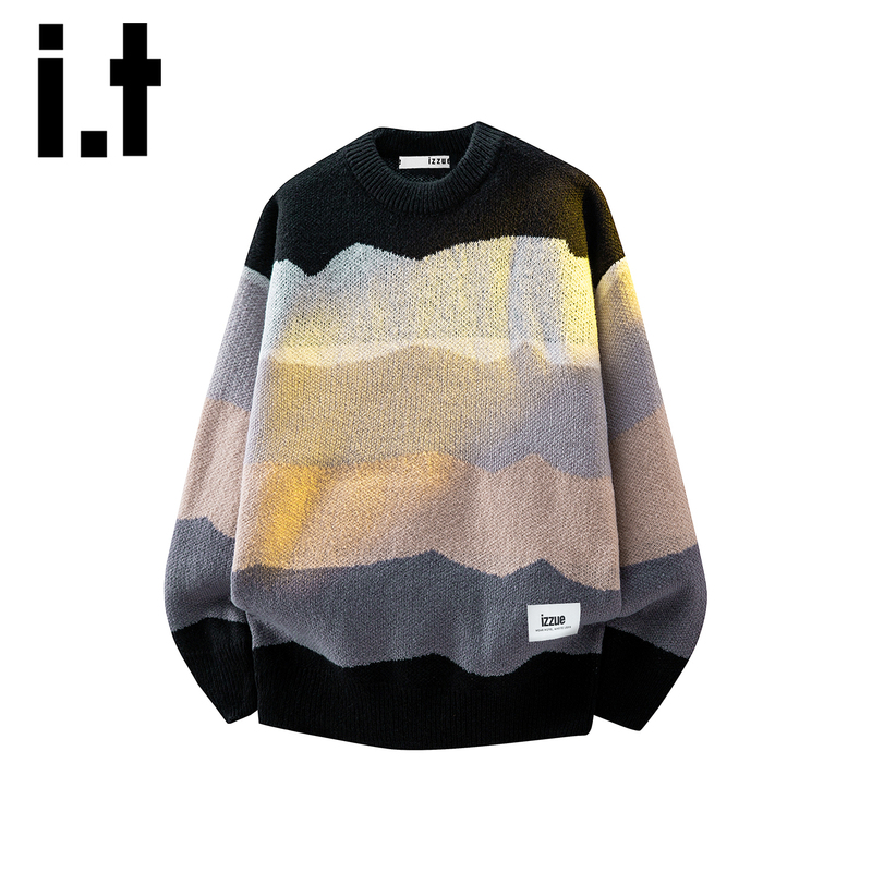 It Izzue Trendy Brand Color-Block Striped Crew Neck Sweater for Men 2026 Autumn and Winter New Loose Casual Knitwear for Men Y