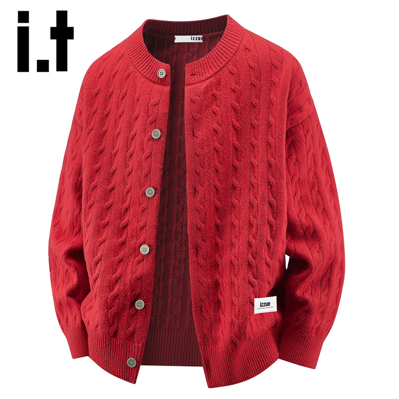 【Versatile Style】It Izzue Red Knit Sweater Men's 2026 Autumn Warm Cardigan Top Y 【Versatile Style】It Izzue Red Knit Sweater Men's 2026 Autumn Warm Cardigan Top Y