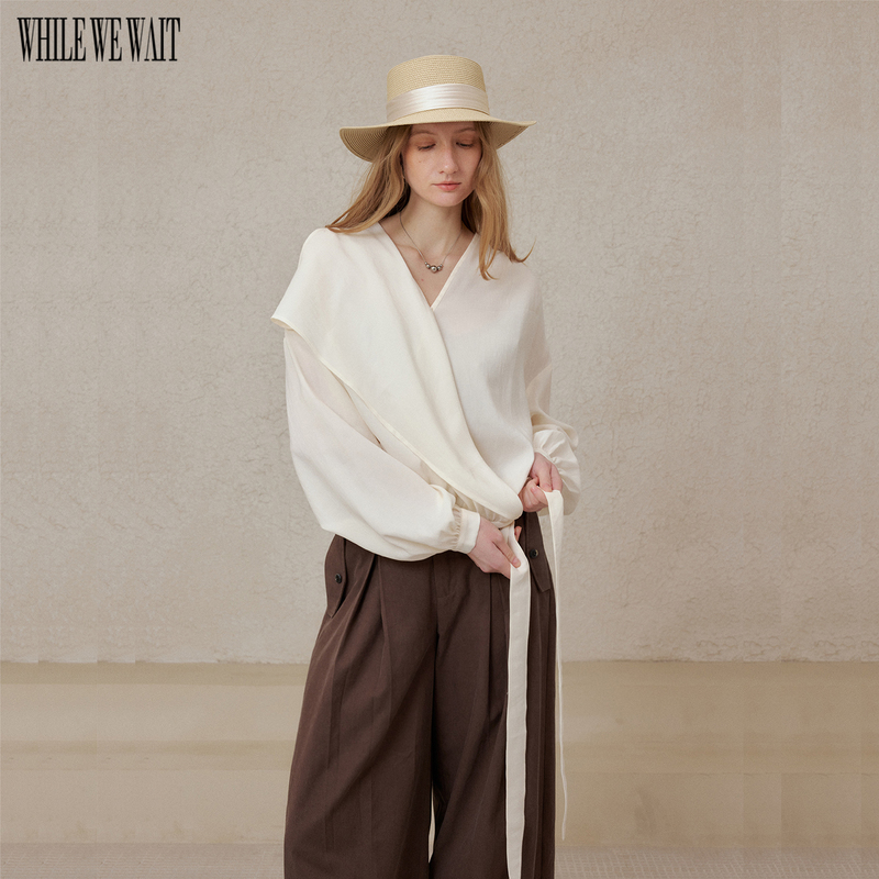While We Wait Old Money Style Shirt with a Draped Neckline and Tie at the Hem, Long-Sleeved, Relaxed and Casual Style Top for Women