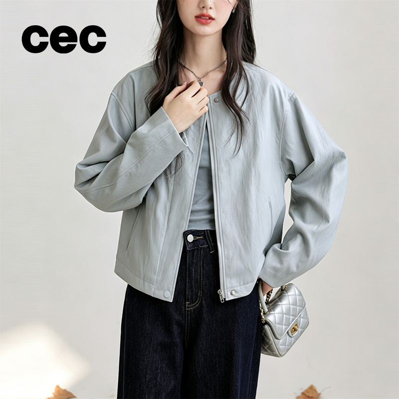 Cec Blue Round Neck Leather Jacket for Women 2026 Autum New Style Loose Elegant Leather Jacket with Cardigan Top