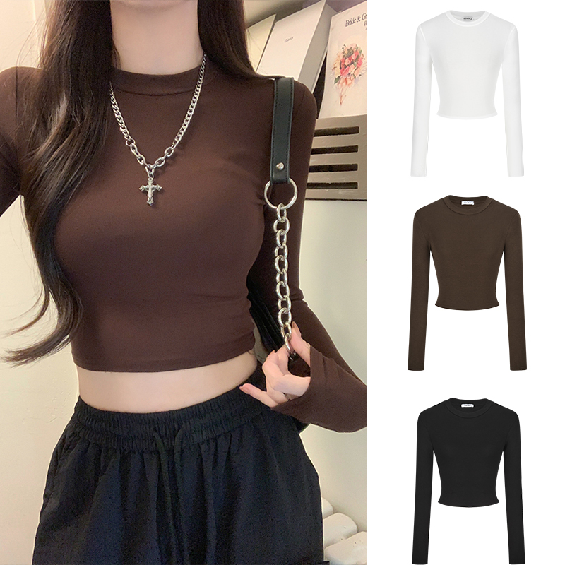 Mosesqueen Short Coffee-Colored Base Shirt for Women, Suitable for Spring, Autumn, and Winter, Slim-Fit Long-Sleeve T-Shirt Top