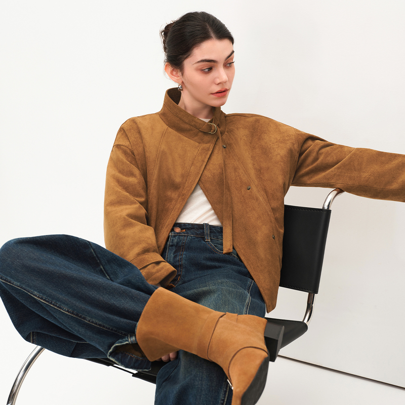 Jil Sister's Suede Series, Old Money Style, New Autumn and Winter Stand-Up Collar Jacket for Women, Padded and Thickened Top