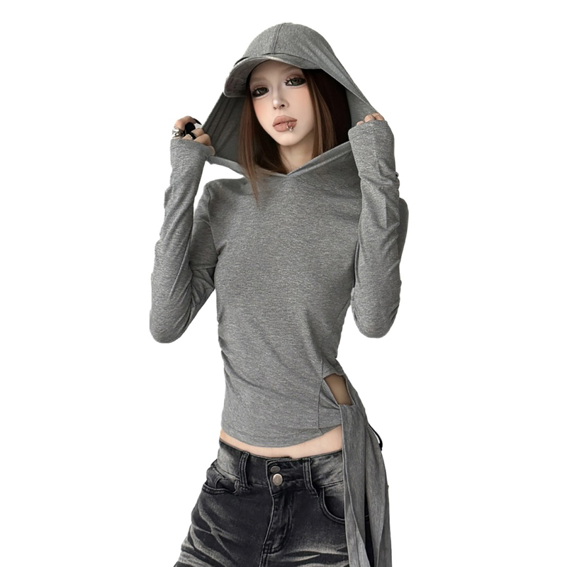 2026 Autumn and Winter Hooded Long Sleeve T-Shirt Women's Slim Fit Belted Hooded Top Commuting Base Shirt 2026 Autumn and Winter Hooded Long Sleeve T-Shirt Women's Slim Fit Belted Hooded Top Commuting Base Shirt