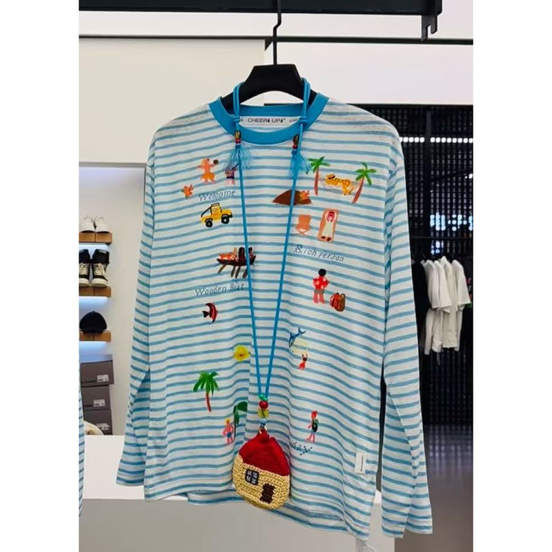 2026 New Summer Style Hawaiian Resort Style Patterned Three-Dimensional Pendant White and Blue Striped Printed Long-Sleeved T-Shirt Top