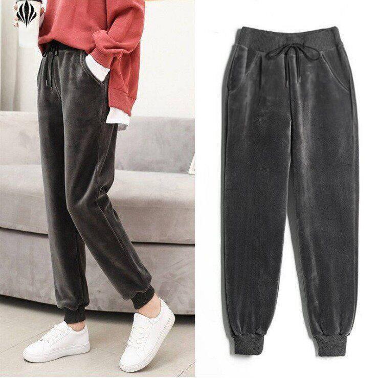 Autumn and Winter Fleece-Lined Thickened Sports Pants for Women, Korean-Style Loose Velvet Sweatpants, Slim-Fit Casual Harem Pants
