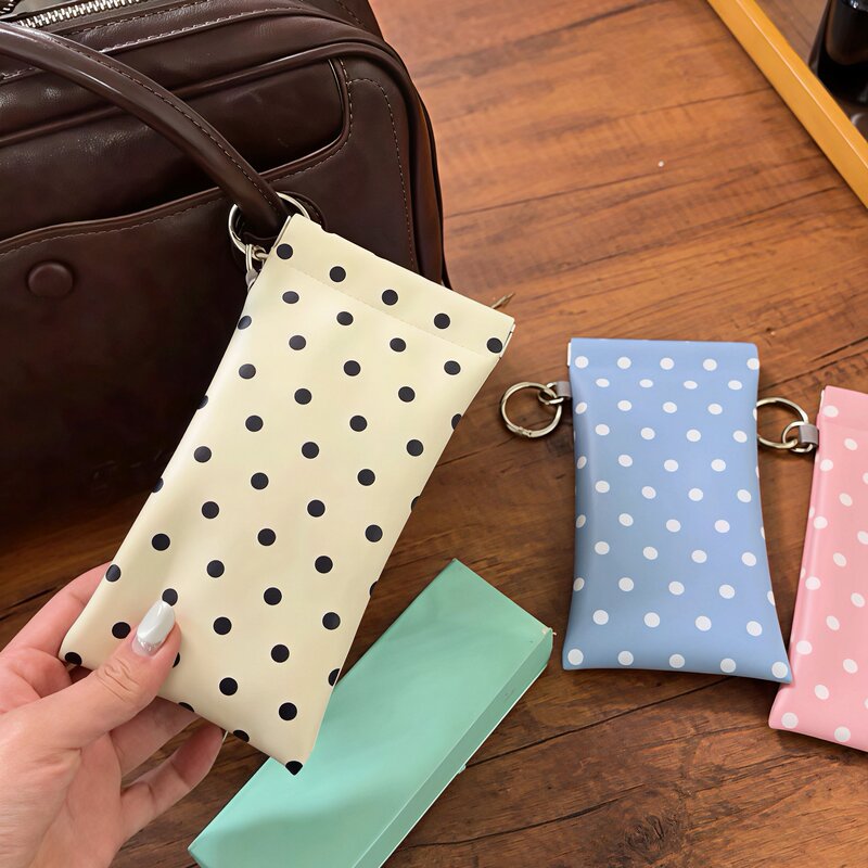Polka Dot Glasses Case Portable Storage Bag with Lens Cloth and Snap Closure for Sunglasses, Can Be Hung on a Bag