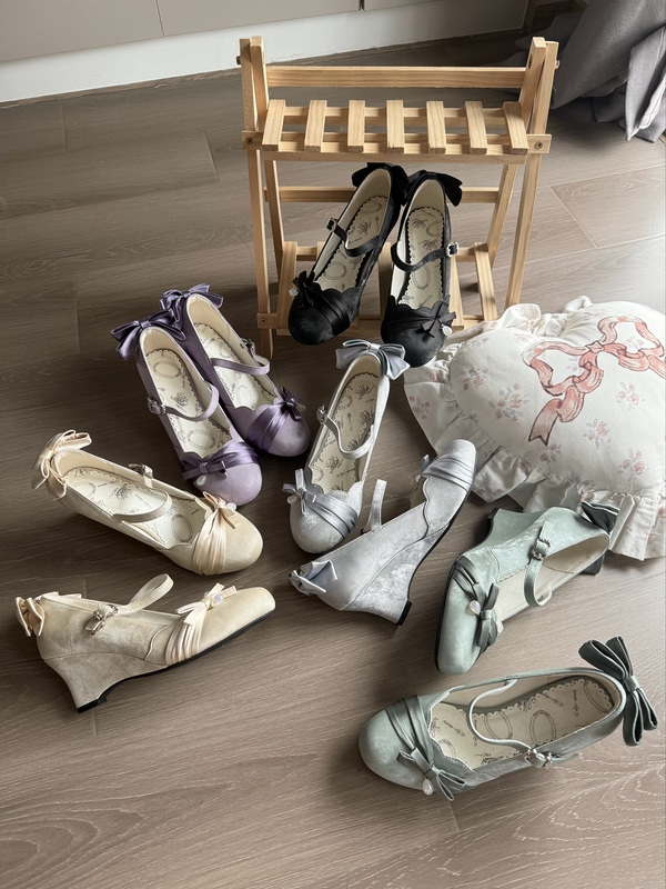 In Stock: Flashy Cloud Mist Lolita Original Suede Retro Coming-Of-Age Ceremony Wedge Heel Cheongsam Shoes High Heels