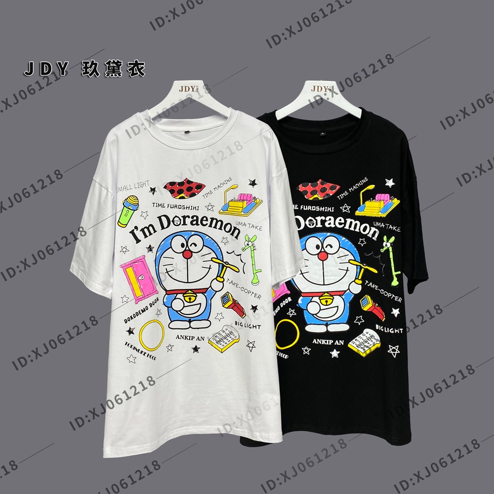 Xiao Jiu clothing Studio Jiu Dai Yi short-sleeved T30008 loose T-shirt women's long version cartoon robot cat pattern