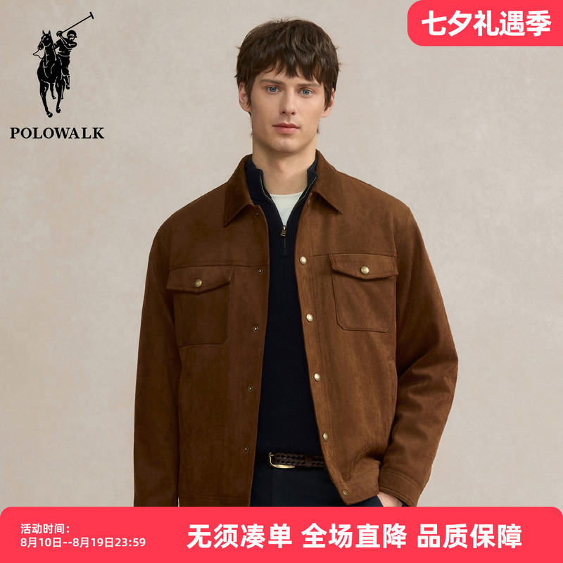 Polowalk Retro Faux Suede Lapel Work Jacket for Men 2025 New Loose Casual Solid Color Jacket Trendy
