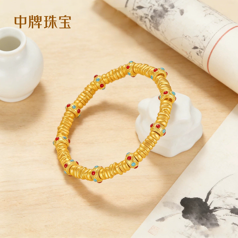Gold Bracelet with Enamel and Gold Fragments, Pure Gold Bracelet with Gold Beads for Good Luck, Birthday Gift Gold Bracelet with Enamel and Gold Fragments, Pure Gold Bracelet with Gold Beads for Good Luck, Birthday Gift
