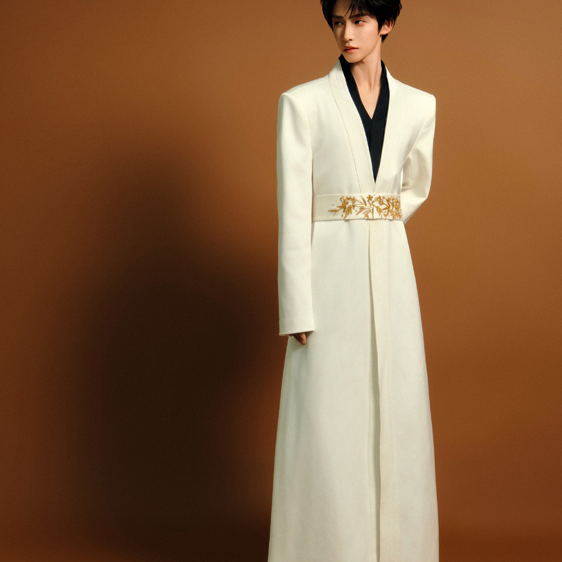Liu Ning Celebrity Style White Long Over-The-Knee Trench Coat with Belt, Blazer for Men and Women, High-End Shoulder-Padded Suit, Trendy