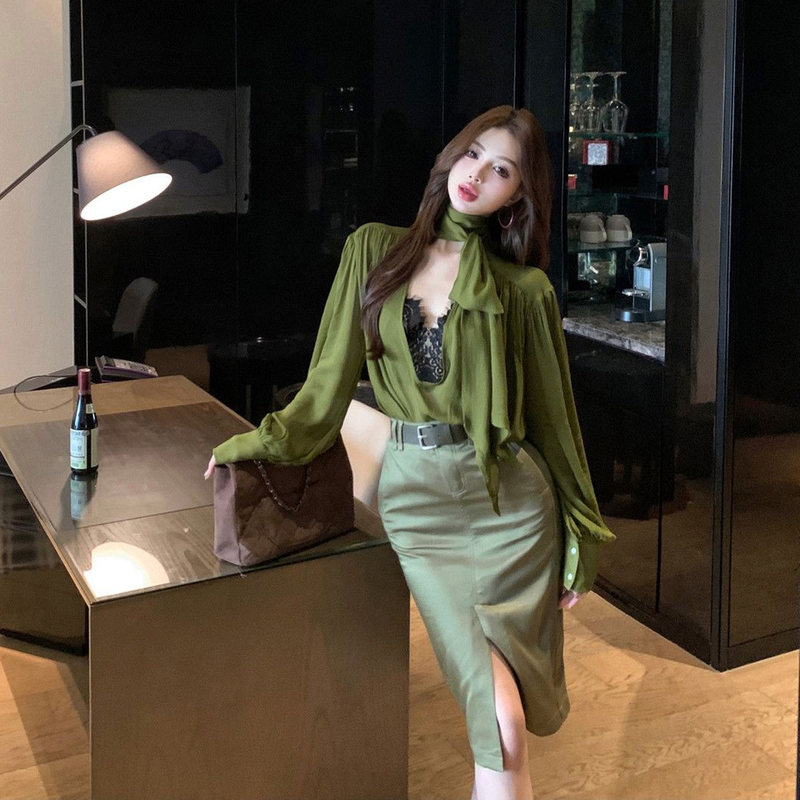 Elegant Olive Green Shirt Top for Women, 2026 New Style Khaki Green Hip-Hugging Skirt Fashion Set Elegant Olive Green Shirt Top for Women, 2026 New Style Khaki Green Hip-Hugging Skirt Fashion Set