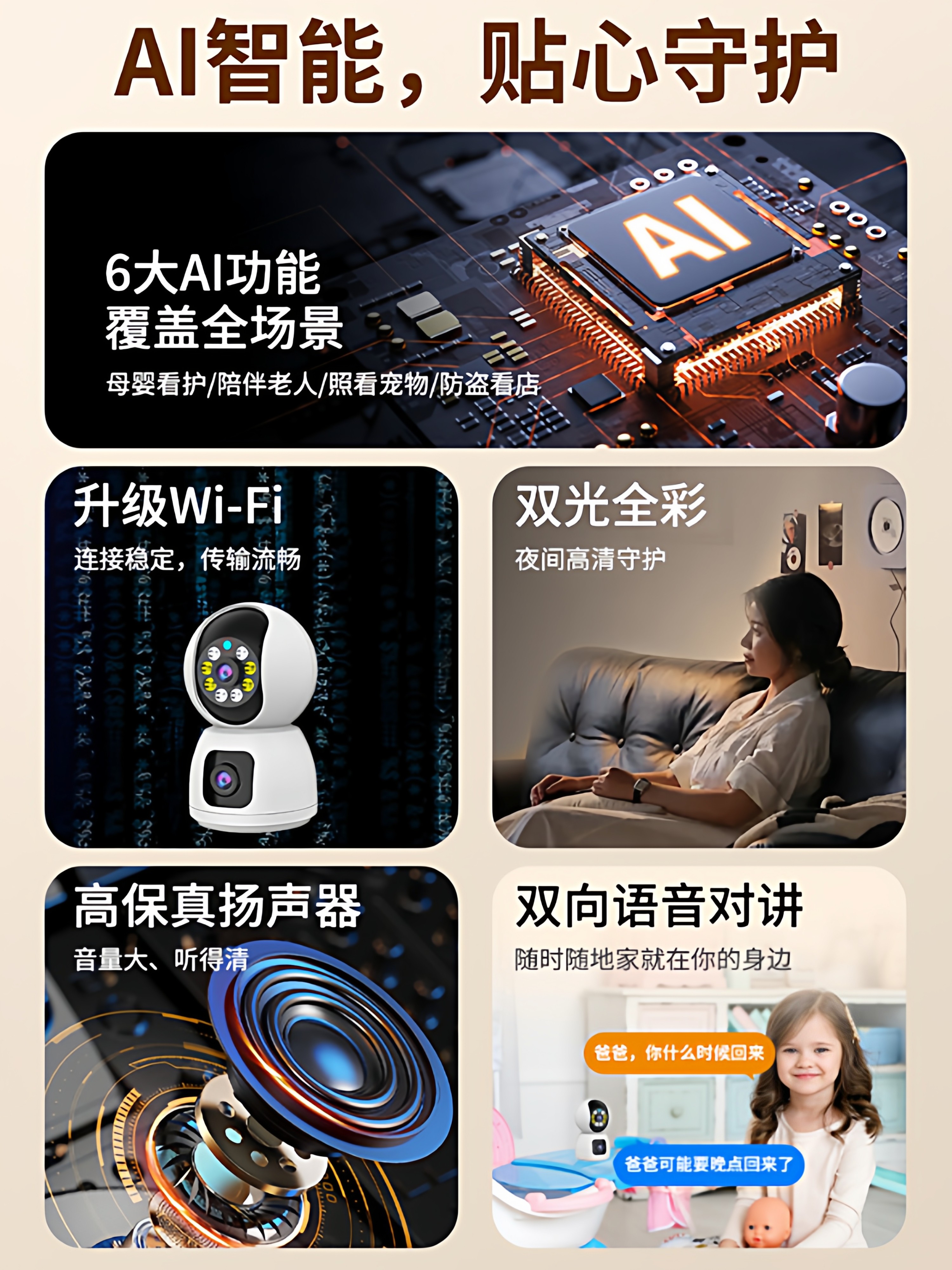 Surveillance Smart Camera for Home Use, Remote Control Via Mobile Phone, 360-Degree No Blind Spots, Indoor High-Definition Camera, Wireless for Home Use