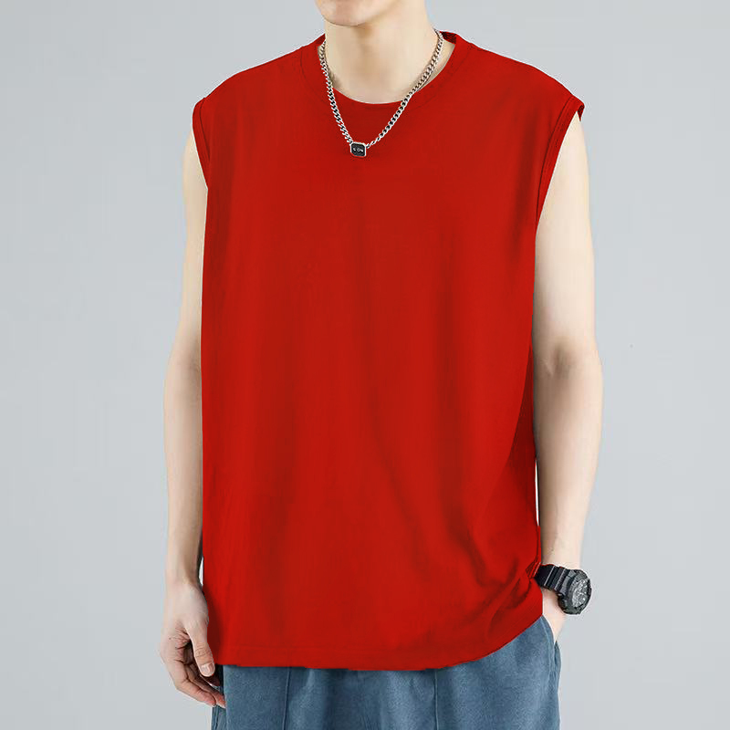Red Pure Cotton Sleeveless T-Shirt for Men, Summer Round Neck, Loose Fit, Large Size, Casual Versatile Sports Solid Color Tank Top