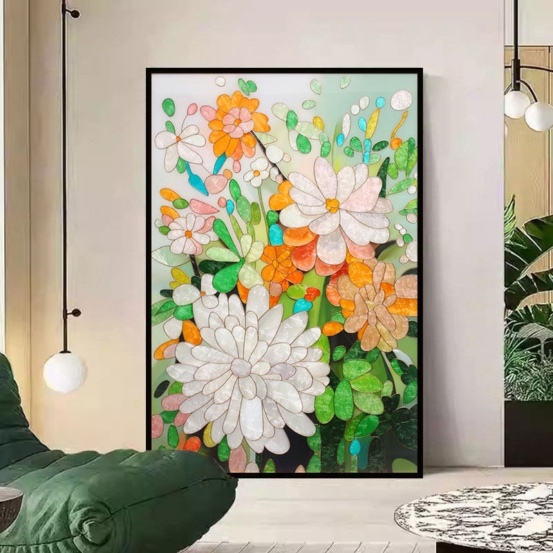 Enamel Painting with Green Floral Motifs at the End of the Corridor, Decorative Painting in French Light Luxury Style, High-End Sofa Background Wall Hanging Painting Enamel Painting with Green Floral Motifs at the End of the Corridor, Decorative Painting in French Light Luxury Style, High-End Sofa Background Wall Hanging Painting