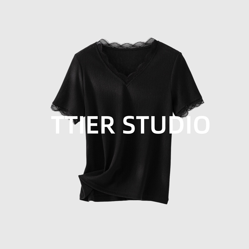 Ttier |     French-Style Patchwork "Eyelash Lace" V-Neck Slimming T-Shirt