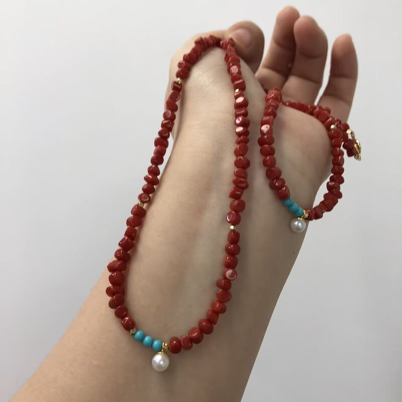 Natural Red Coral Koxica Blood Coral Silver Bracelet and Necklace Set with Sugar Beads Single Strand Natural Red Coral Koxica Blood Coral Silver Bracelet and Necklace Set with Sugar Beads Single Strand