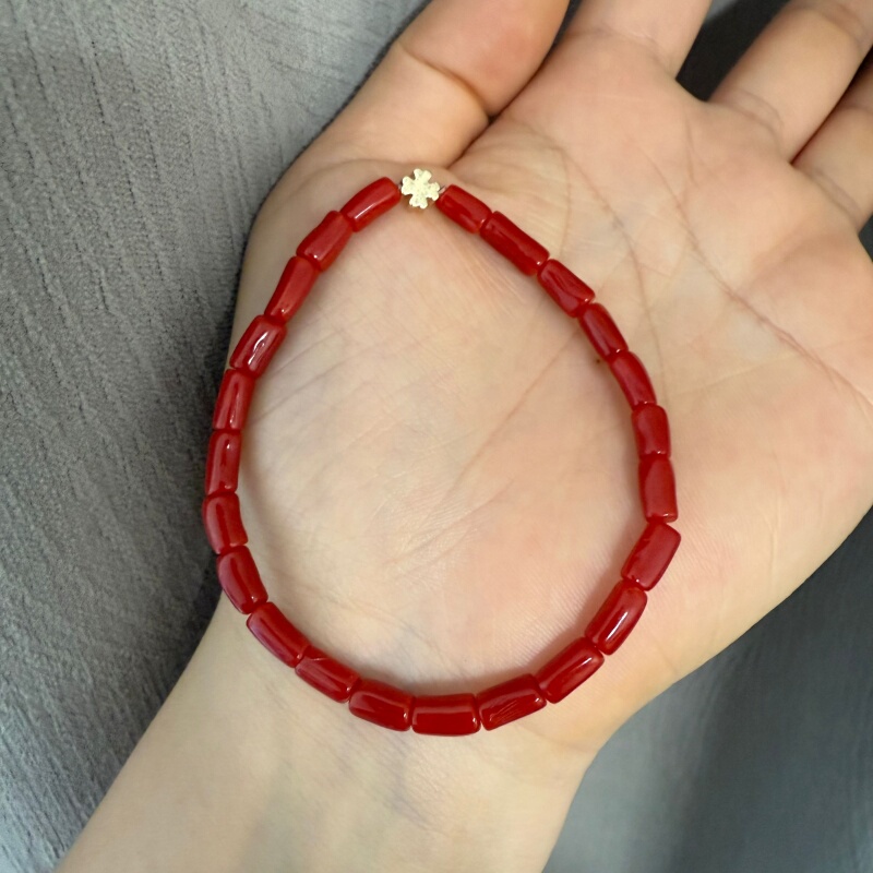 Authentic Natural Red Coral Original Color Straight-Cut Single Strand Bracelet for Women, a Lucky Charm for the Year of Birth