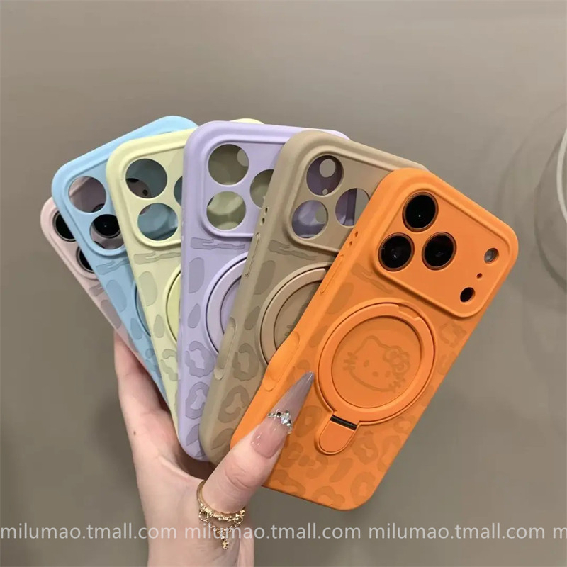 Autumn and Winter Leopard Print Kt Cat Magnetic Stand Suitable for Apple 17 Pro Max Phone Case iPhone 16 Pro Max New Model 13 Liquid Silicone 12 Trendy Girl 11 Internet Celebrity 14 Plus Anti-Drop 15 Pro Max